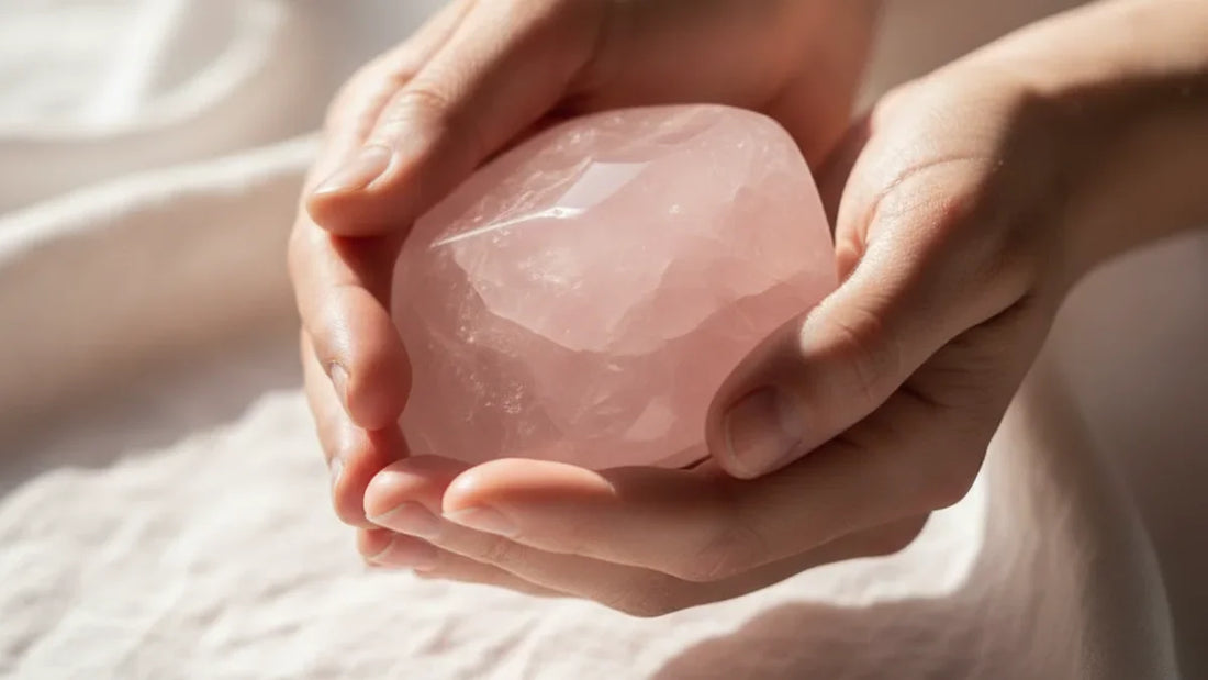 Manos femeninas sosteniendo un cuarzo rosa translúcido con luz natural lateral suave, piedra de cuarzo rosa con tono rosado visible sobre fondo de lino blanco