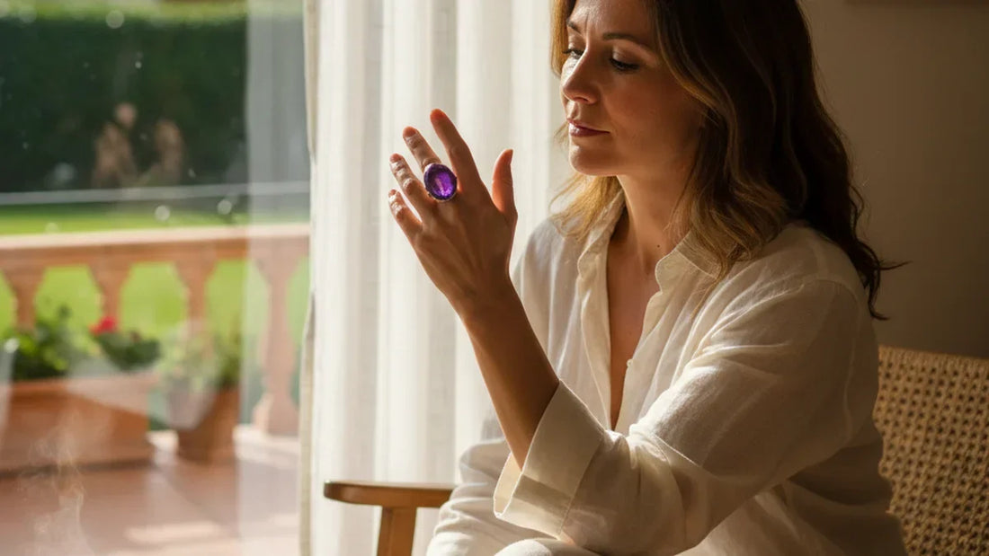 Mujer mirando su anillo de amatista junto a ventana con luz natural de mañana, gesto consciente e íntimo