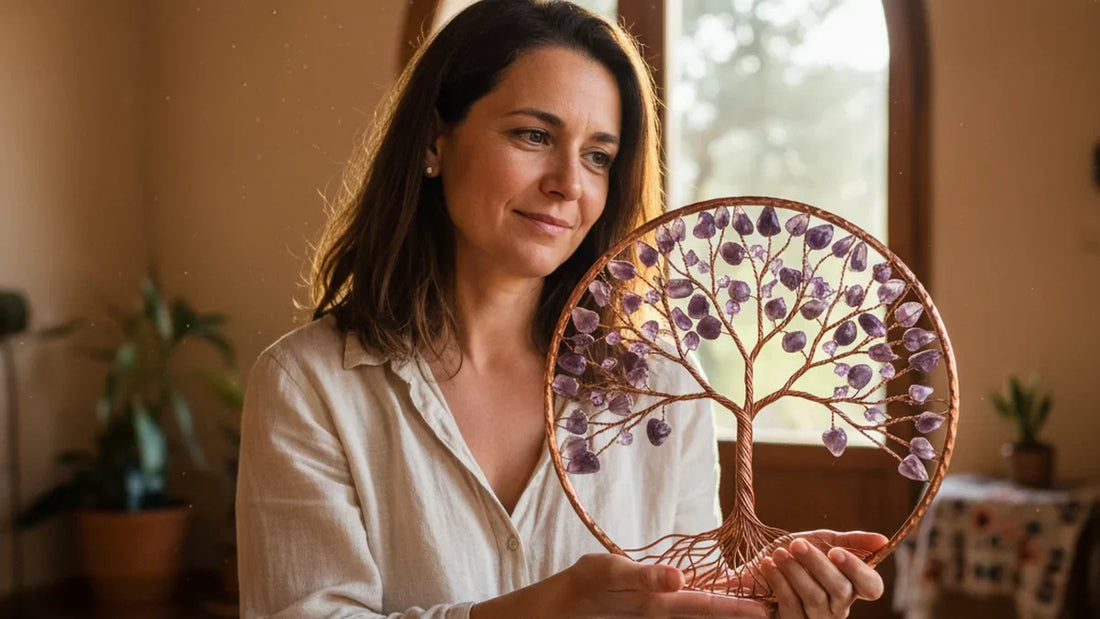 Mujer sosteniendo árbol de la vida de cobre y amatista con ambas manos, luz natural de mañana, ambiente mediterráneo íntimo