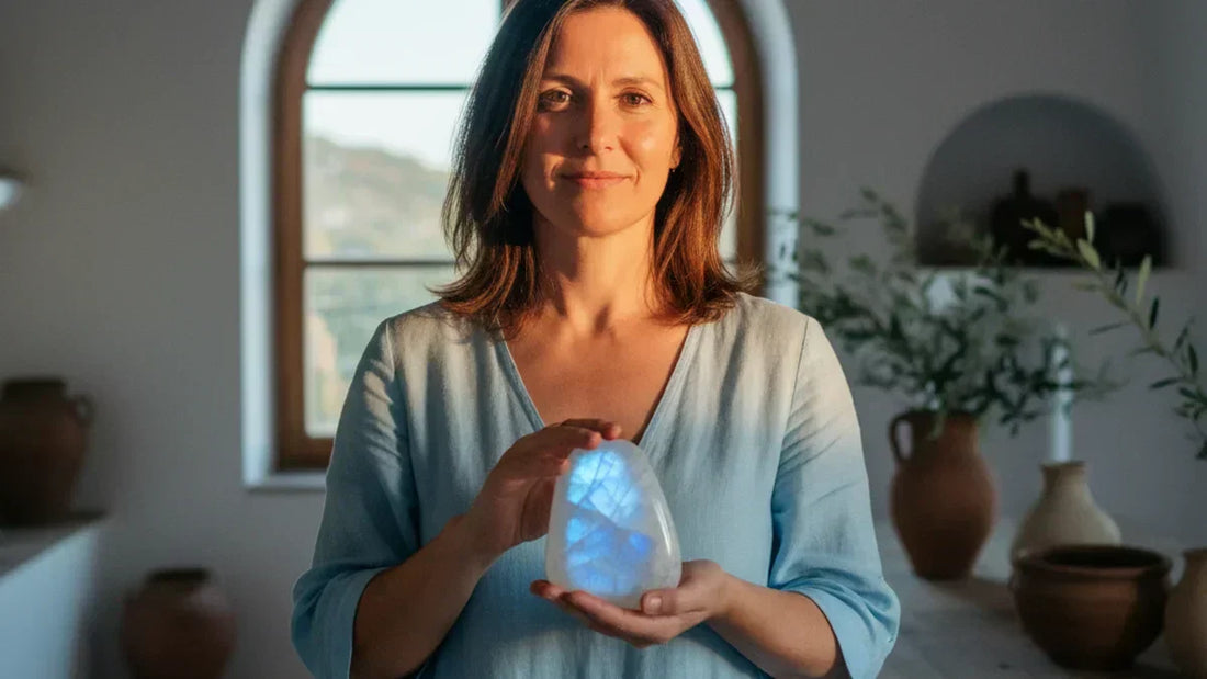 Mujer sosteniendo piedra luna natural con adularescencia azul visible, luz suave de tarde, ambiente mediterráneo íntimo
