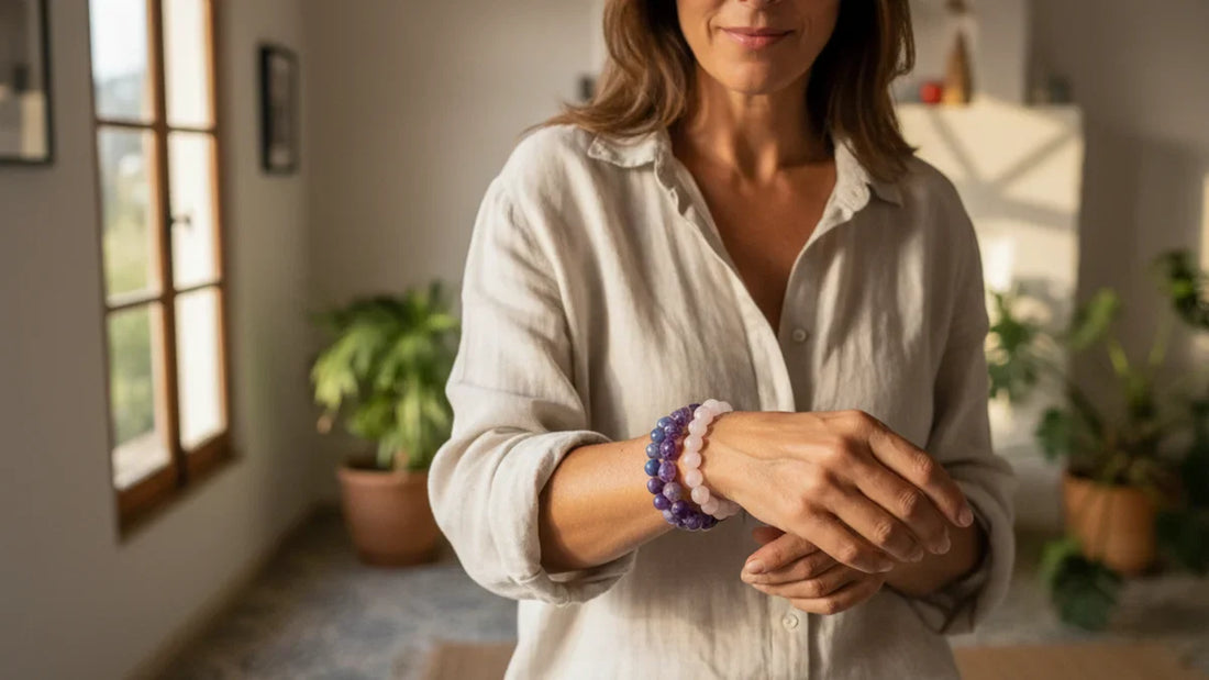 Mujer mostrando muñeca izquierda con tres pulseras de piedras naturales: amatista, cuarzo rosa y ágata azul, luz natural de mañana
