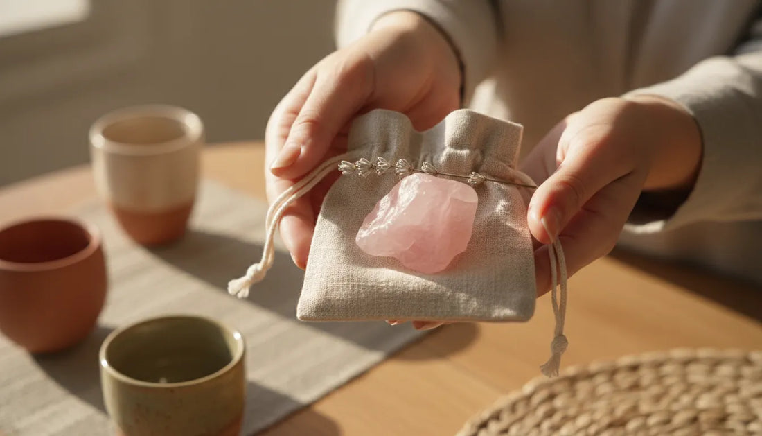 Regalar una piedra natural con intención y cariño, detalle de Anna Piedra en una bolsa de lino