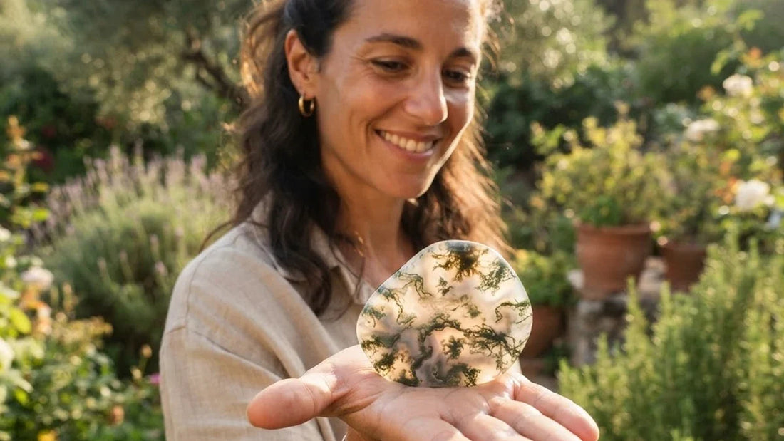 Ágata musgosa pulida con filamentos verdes sostenida en la mano en un jardín mediterráneo - Anna Piedra