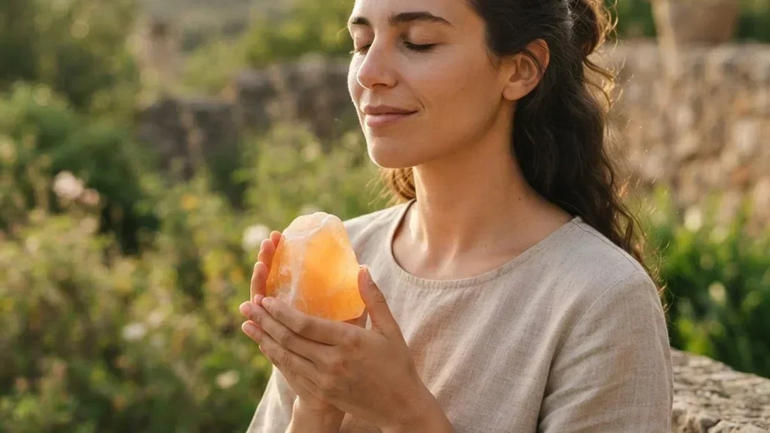 Mujer sosteniendo piedra de calcita naranja translúcida entre manos con luz natural mediterránea, propiedades de la calcita - Anna Piedra