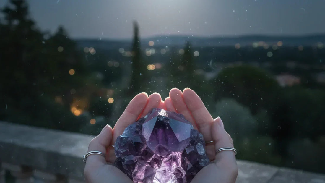Manos femeninas sosteniendo una amatista cruda bajo la luna llena en un balcón, ritual de carga energética de piedras naturales