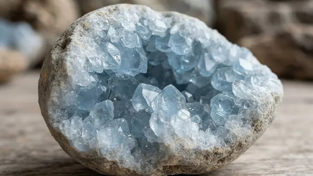Geoda de celestina azul cielo con cristales translúcidos, Madagascar - Anna Piedra