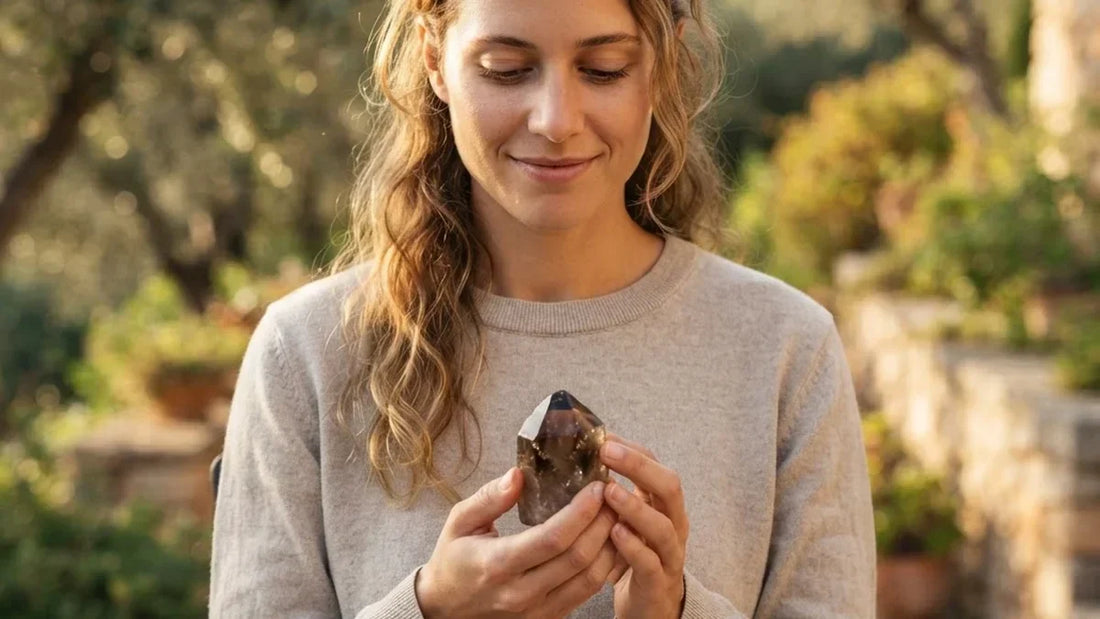 Mujer con rostro visible sosteniendo cuarzo ahumado marrón grisáceo entre las manos con luz natural mediterránea - Anna Piedra