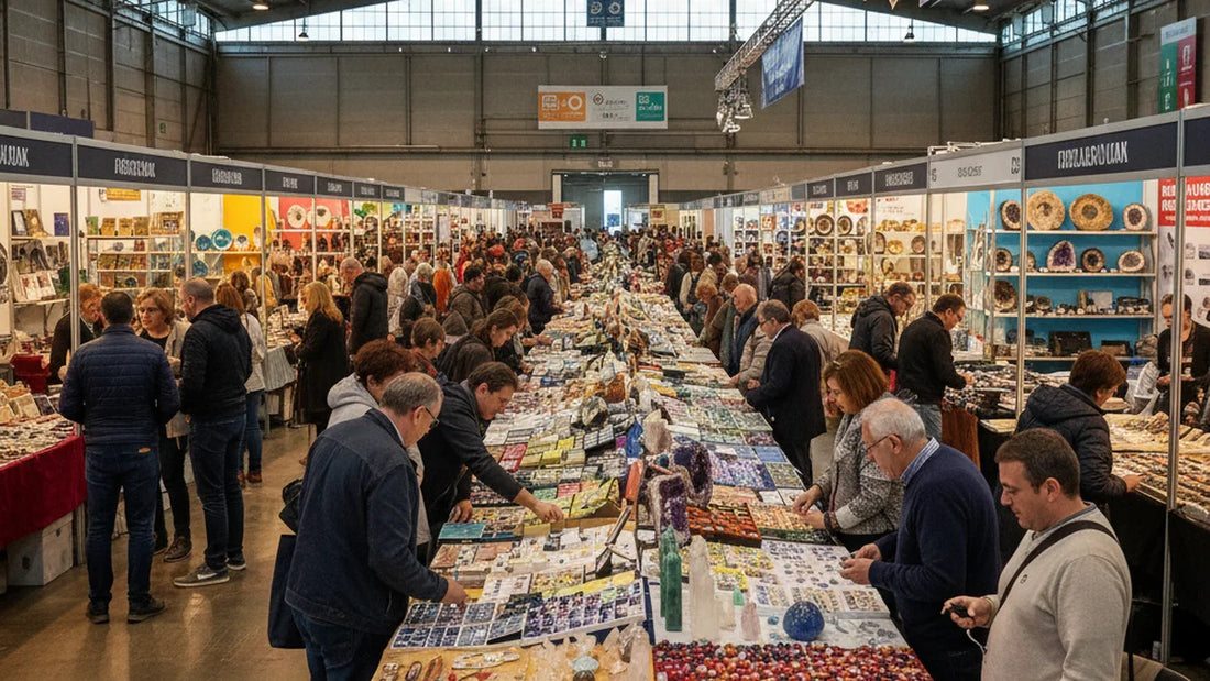 Ambiente general de una feria de minerales en España con expositores de cristales, gemas y fósiles y visitantes curiosos entre las mesas