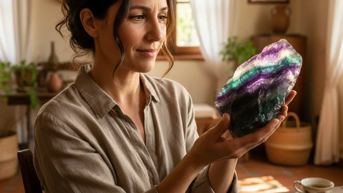 Mujer sosteniendo fluorita arcoíris con bandas de morado y verde, piedra natural multicolor con luz natural