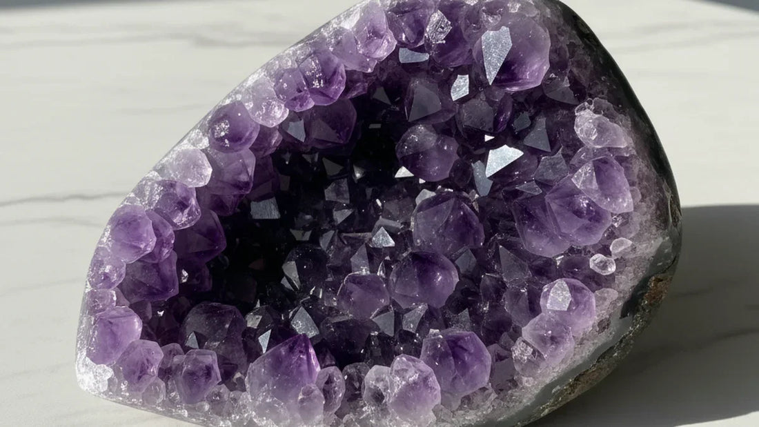 Geoda de amatista con cristales de color púrpura intenso sobre fondo de mármol blanco con luz natural