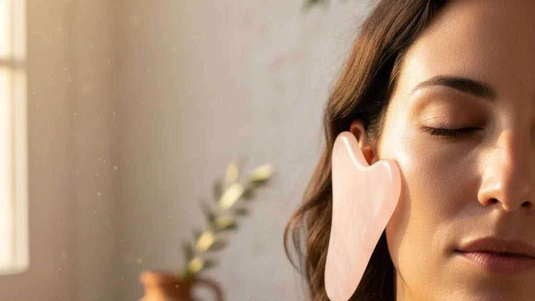 Masaje gua sha facial con piedra natural sobre piel de mujer con luz mediterránea, técnica de drenaje linfático