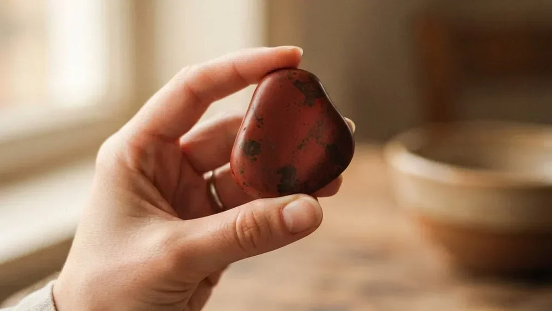Piedra jaspe rojo sostenida en la mano con luz natural, propiedades del jaspe rojo - Anna Piedra