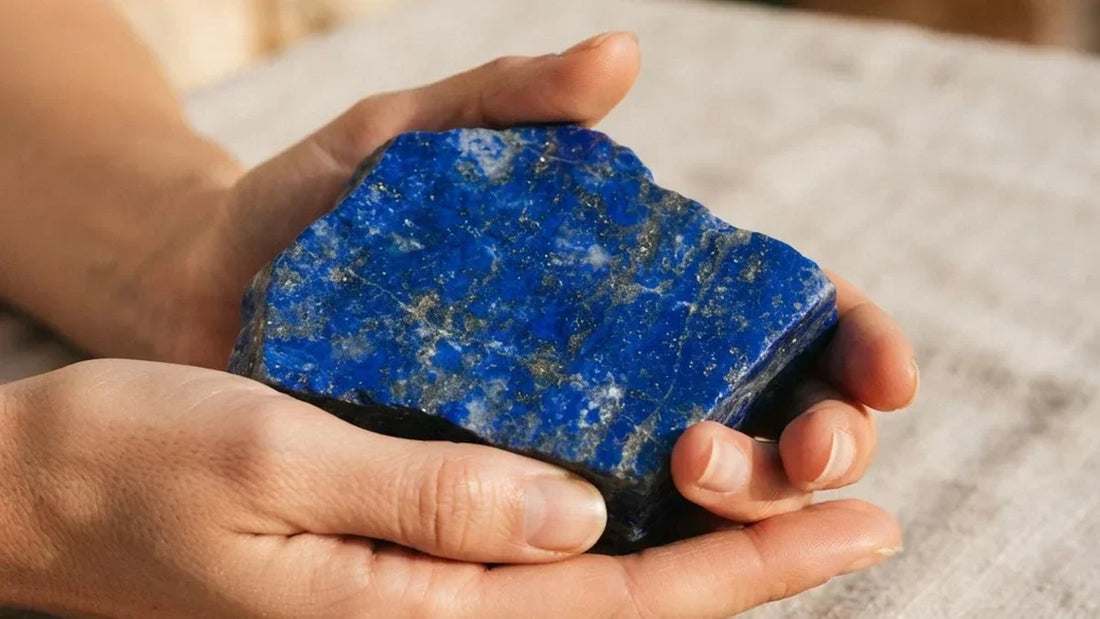 Lapislázuli azul intenso con vetas doradas de pirita sostenido entre manos con luz natural - Anna Piedra