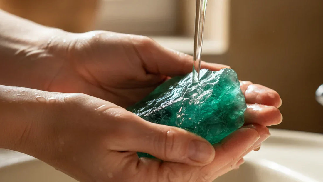 Mujer lavando fluorita verde con agua templada, cómo limpiar la fluorita paso a paso