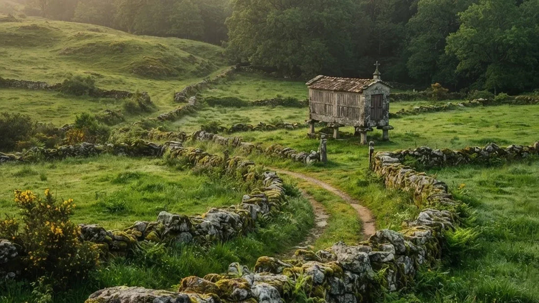 Paisaje rural gallego con muros de piedra y hórreo, tierra de las leyendas de Galicia - Anna Piedra