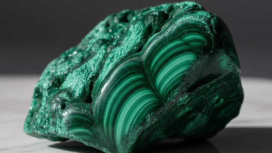 Espécimen de malaquita en bruto con vivas bandas verdes y textura sedosa natural, luz lateral sobre mármol blanco