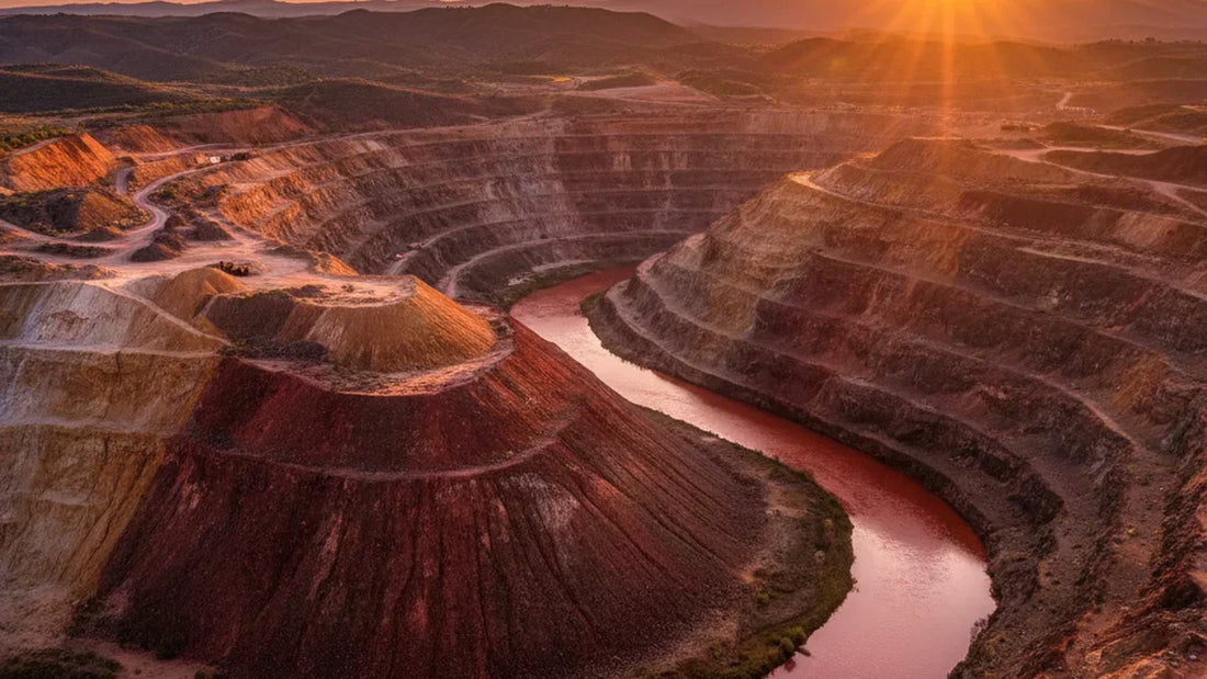 Vista panorámica Minas de Riotinto Huelva al atardecer, corta minera con río rojo y terrazas históricas
