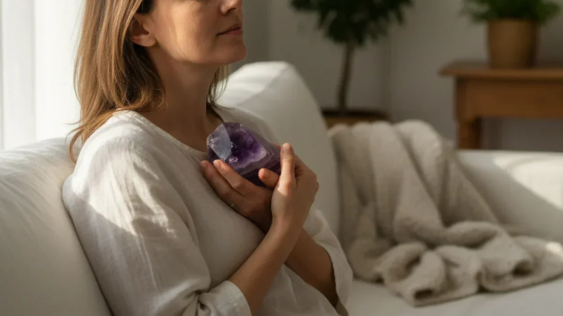 Mujer sosteniendo una amatista en ambas manos con ojos cerrados, respiración calmada, luz natural de mañana, sofá de lino blanco, momento de alivio de la ansiedad en casa