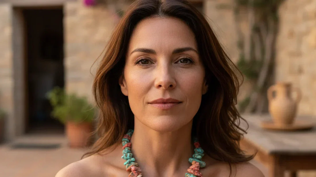 Mujer con collar de piedra natural sobre piel, luz mediterránea natural, gesto íntimo y sereno