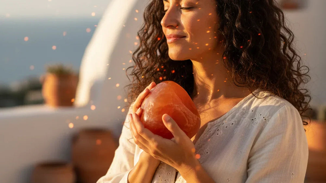 Mujer sosteniendo piedra de cornalina naranja translúcida con luz natural que crea destellos, vitalidad y energía