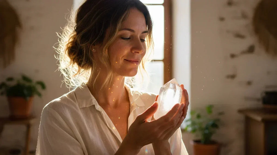 Mujer sosteniendo punta de cuarzo blanco transparente con luz natural de mañana atravesando el cristal, Anna Piedra
