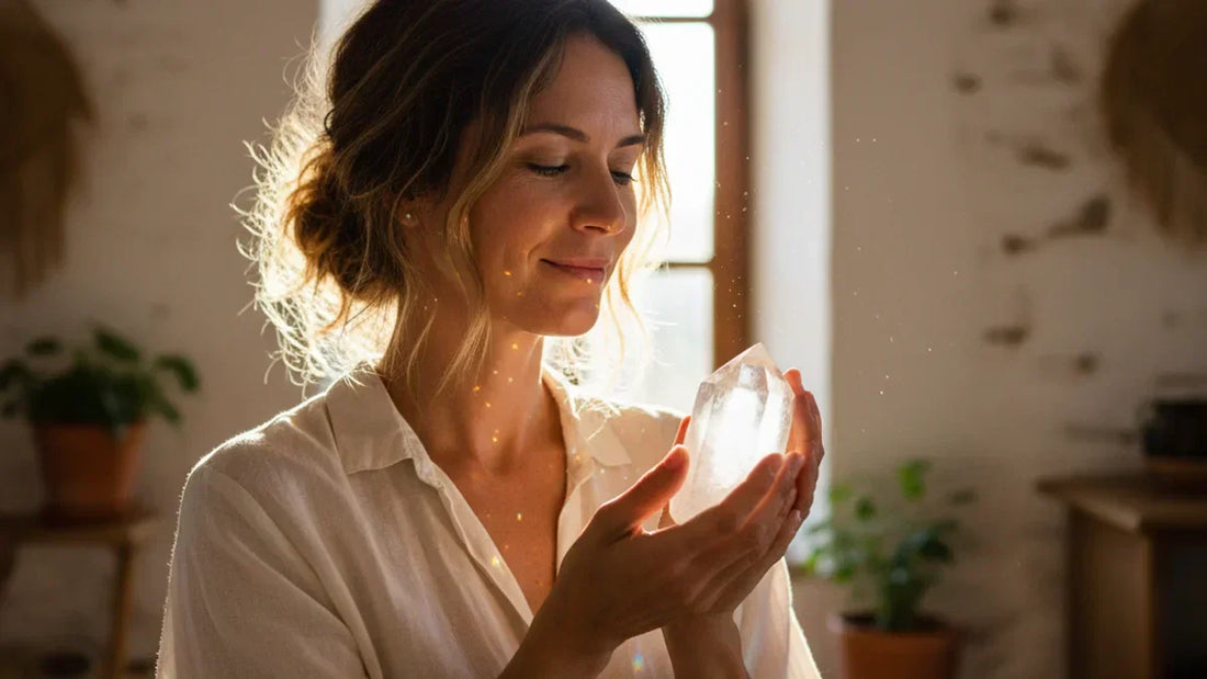 Mujer sosteniendo punta de cuarzo blanco transparente con luz natural de mañana atravesando el cristal, Anna Piedra