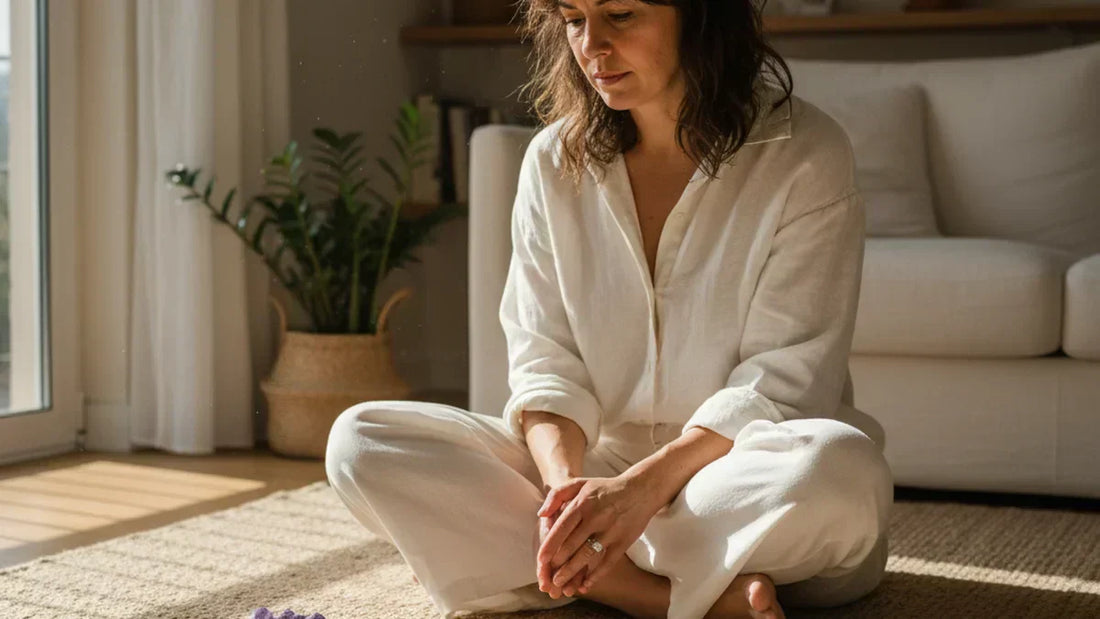 Mujer eligiendo piedra natural según su estado de ánimo entre varias opciones sobre lino, luz natural de mañana