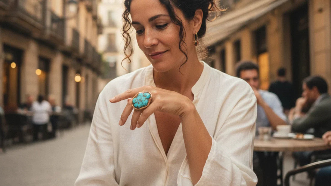 Mano de mujer española con tres anillos de piedras naturales: amatista, obsidiana y cuarzo rosa con luz mediterránea