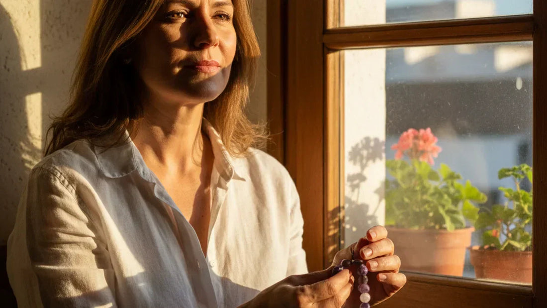 Mujer española en la cincuentena con pulsera de piedras naturales junto a ventana con luz mediterránea cálida