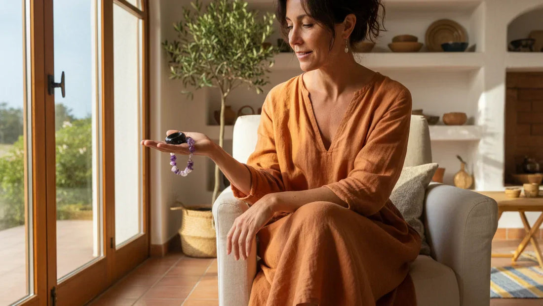 Mujer española con piedras naturales junto a ventana mediterránea