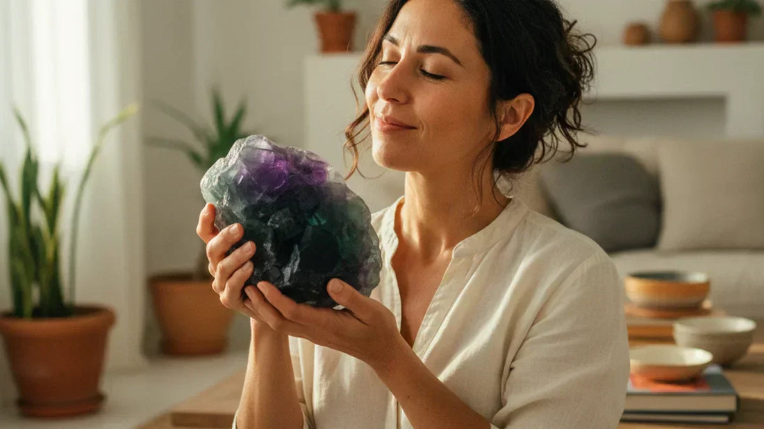 Mujer sosteniendo fluorita morada y verde en bruto con luz natural, piedra natural de concentración y claridad mental