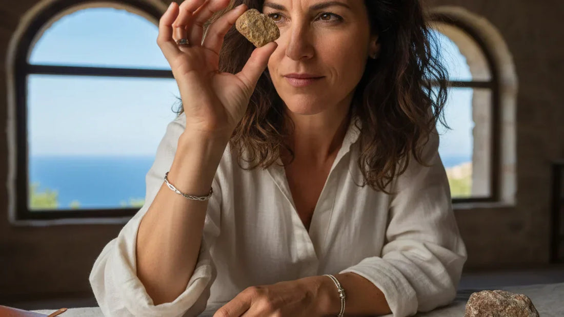 Mujer examinando piedra natural auténtica con luz natural lateral, identificación visual de piedras minerales