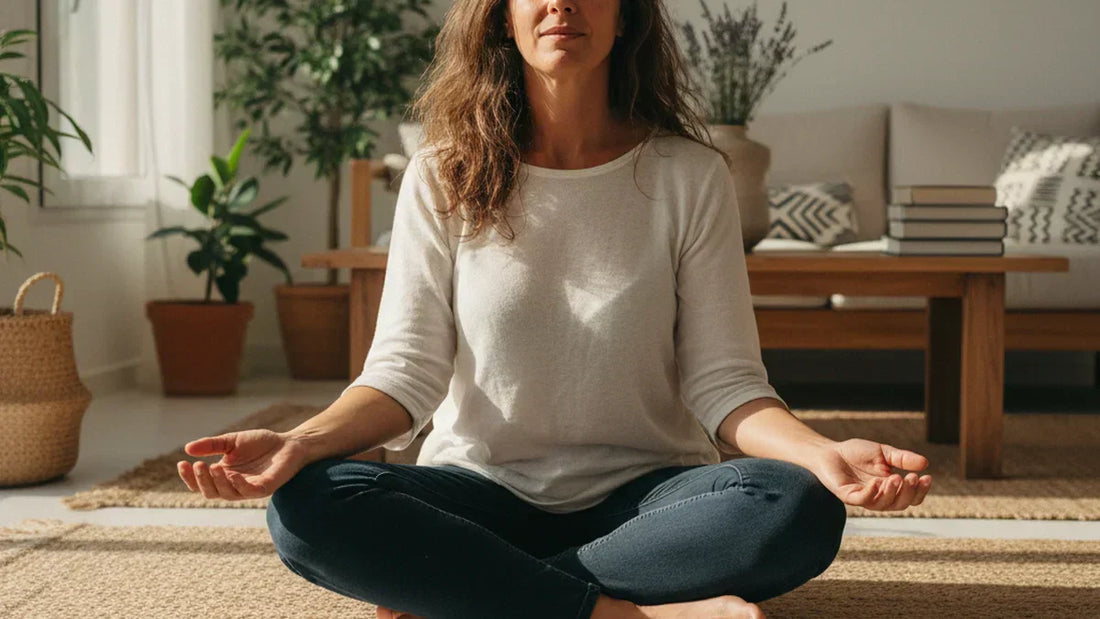 Mujer mediterránea con piedras naturales amatista cuarzo rosa y obsidiana en ritual de bienestar emocional, luz natural de mañana