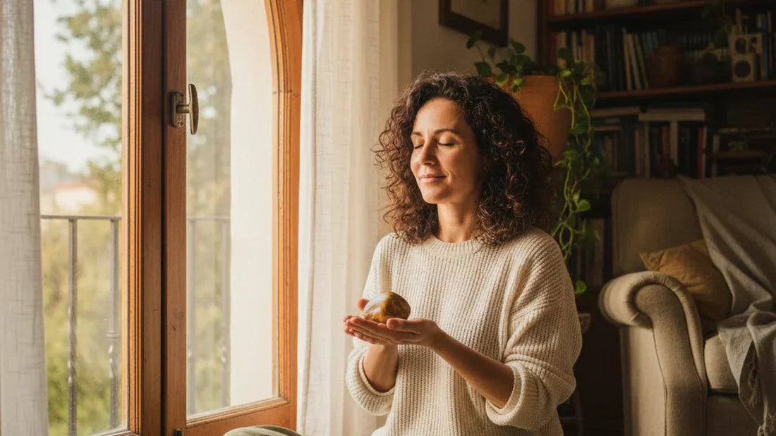 Mujer sosteniendo piedra natural junto a ventana con luz de mañana, conexión emocional e interior