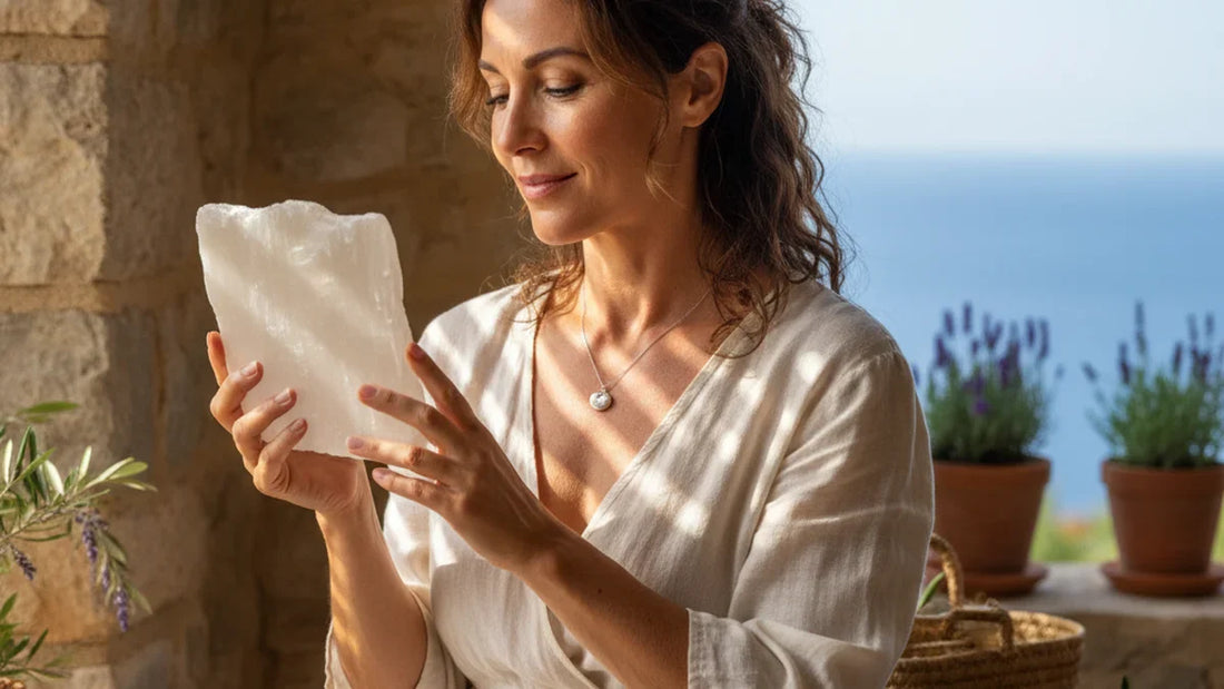 Mujer sosteniendo placa de selenita blanca nacarada con luz natural que atraviesa el mineral, calma y presencia