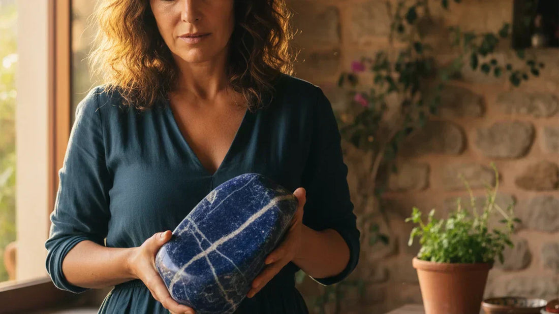 Mujer sosteniendo sodalita azul con vetas blancas de calcita, piedra natural para la calma y la comunicación