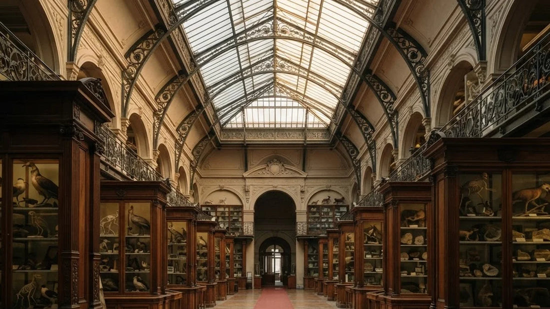Nave central del Museo Geominero de Madrid con sus vitrinas históricas y claraboya de hierro forjado - Anna Piedra
