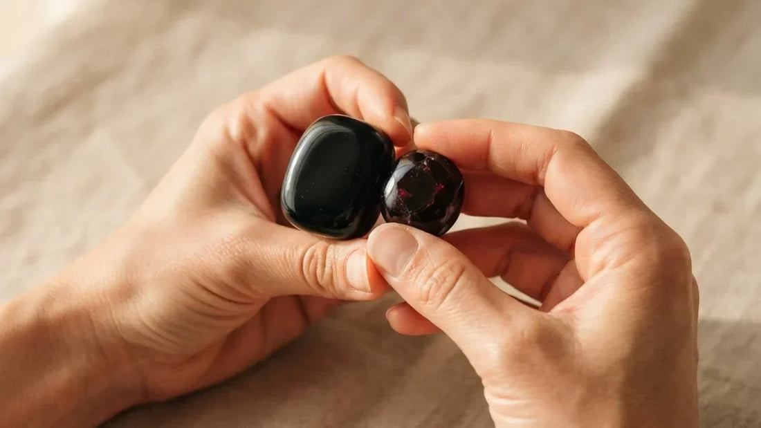 Piedra de capricornio: ónix negro y granate rojo oscuro sostenidos entre manos con luz natural - Anna Piedra