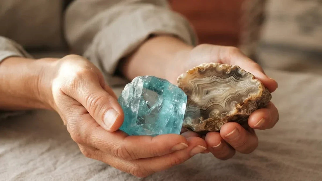 Piedra de géminis: aguamarina azul y ágata bandeada sostenidas entre manos con luz natural - Anna Piedra