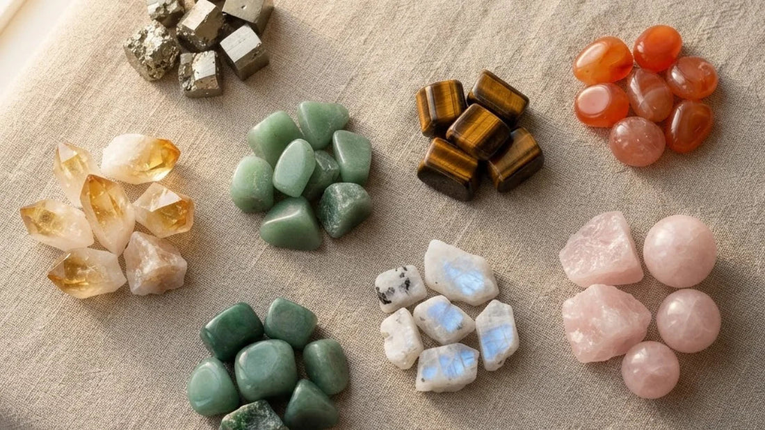 Piedras naturales de la suerte organizadas por tipo de fortuna sobre lino natural - Anna Piedra