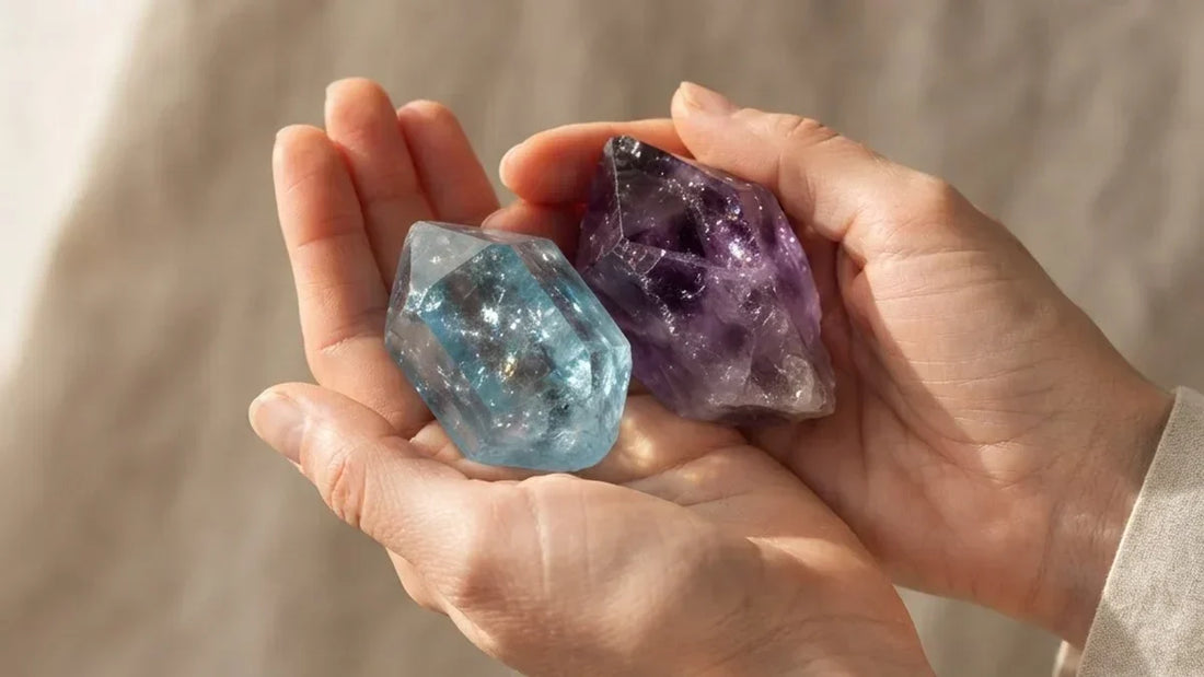 Piedra de piscis: aguamarina azul y amatista morada sostenidas entre manos con luz natural mediterránea - Anna Piedra