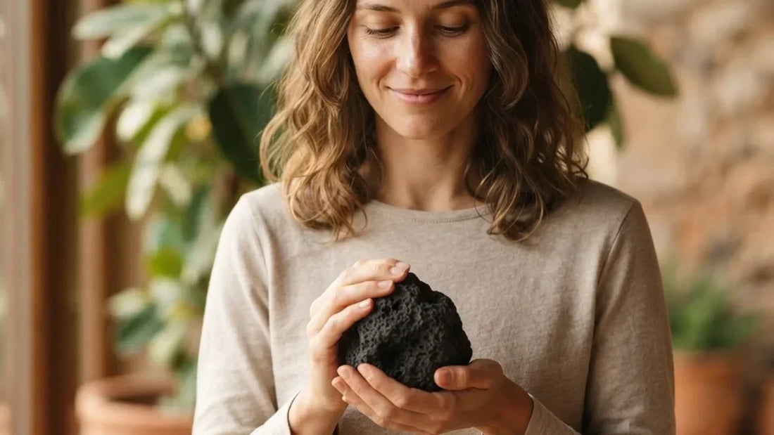 Mujer sosteniendo piedra volcánica negra de basalto entre manos con planta al fondo y luz natural mediterránea - Anna Piedra