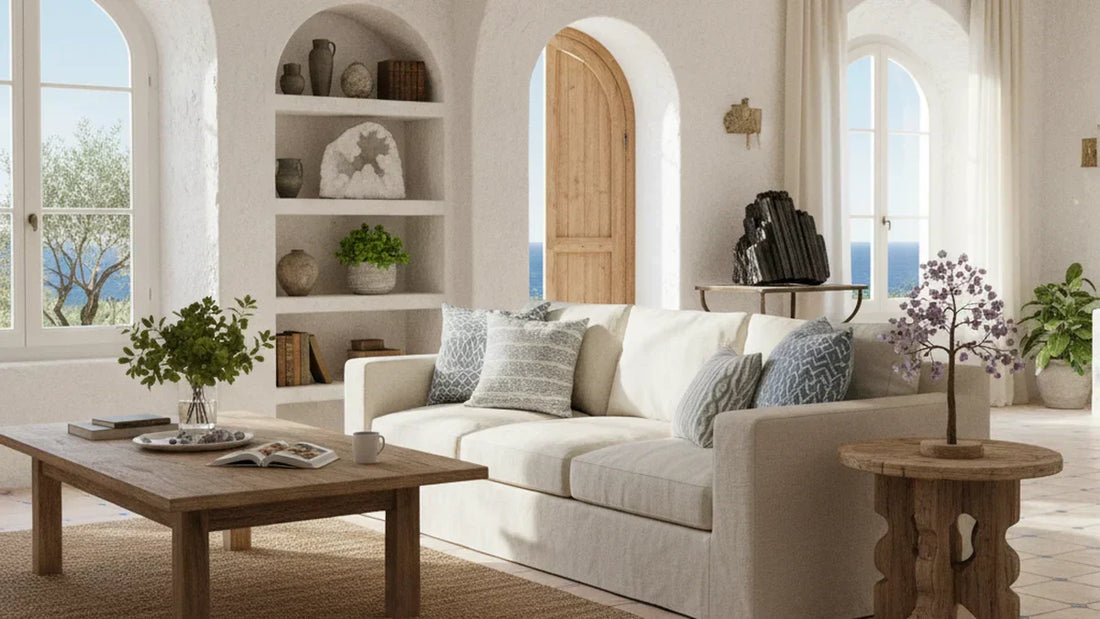Salón mediterráneo con piedras naturales bien distribuidas: geoda cuarzo blanco, árbol amatista y turmalina negra, guía por habitación