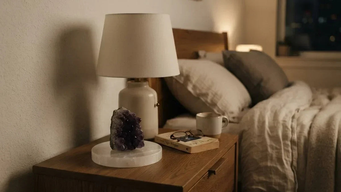 Piedras para dormir: amatista y selenita en mesilla de noche con luz cálida nocturna - Anna Piedra