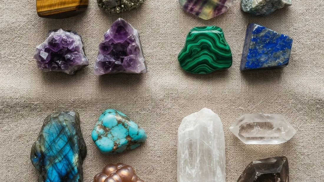 Doce piedras naturales protectoras organizadas por tipo de protección sobre lino natural - Anna Piedra