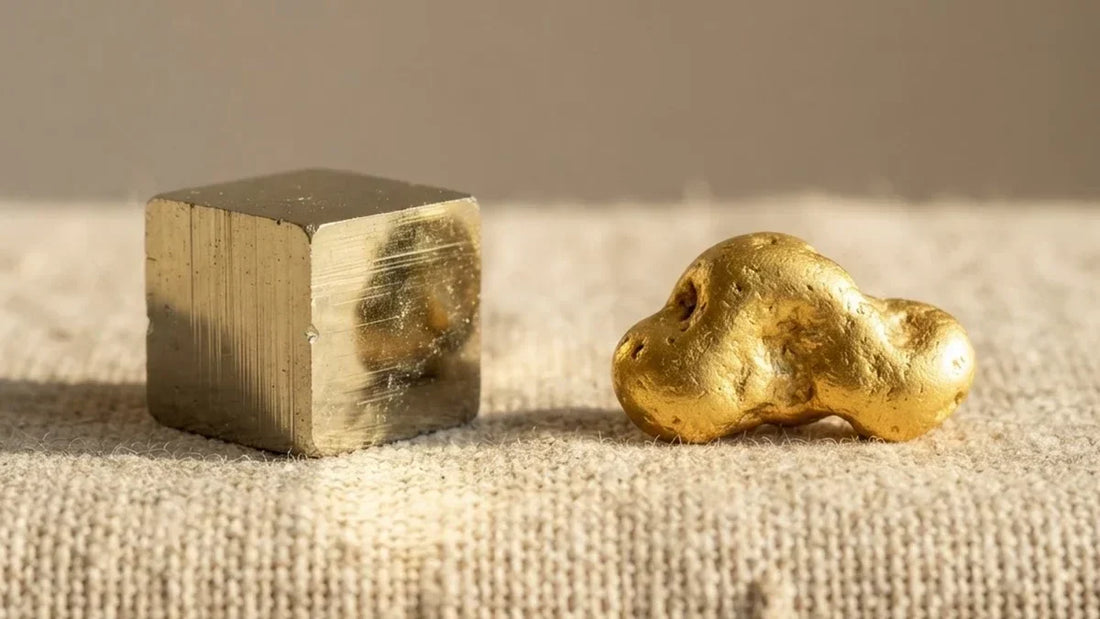 Comparativa pirita dorada cúbica y pepita de oro nativo sobre lino natural con luz mediterránea - Anna Piedra