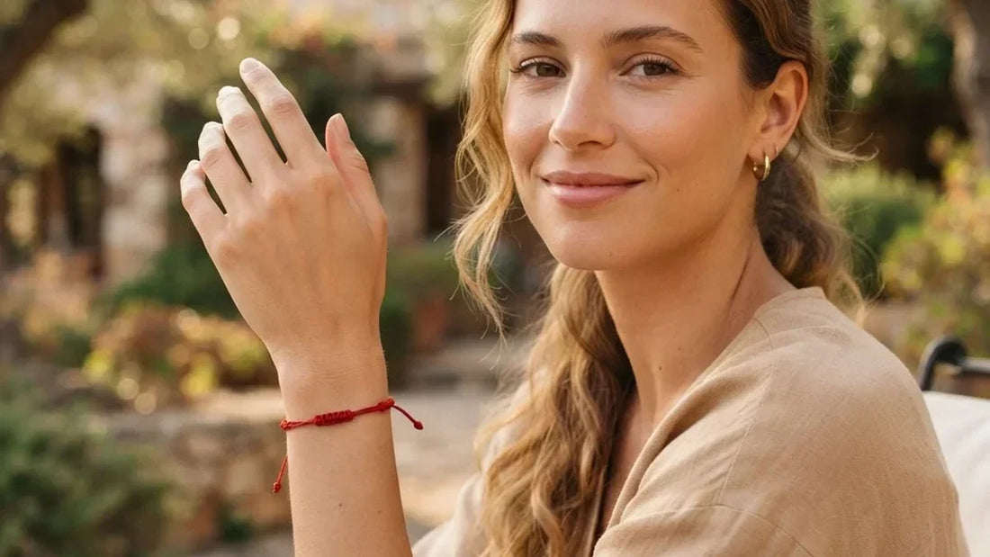 Mujer mostrando pulsera roja de la suerte en la muñeca izquierda con luz natural mediterránea - Anna Piedra