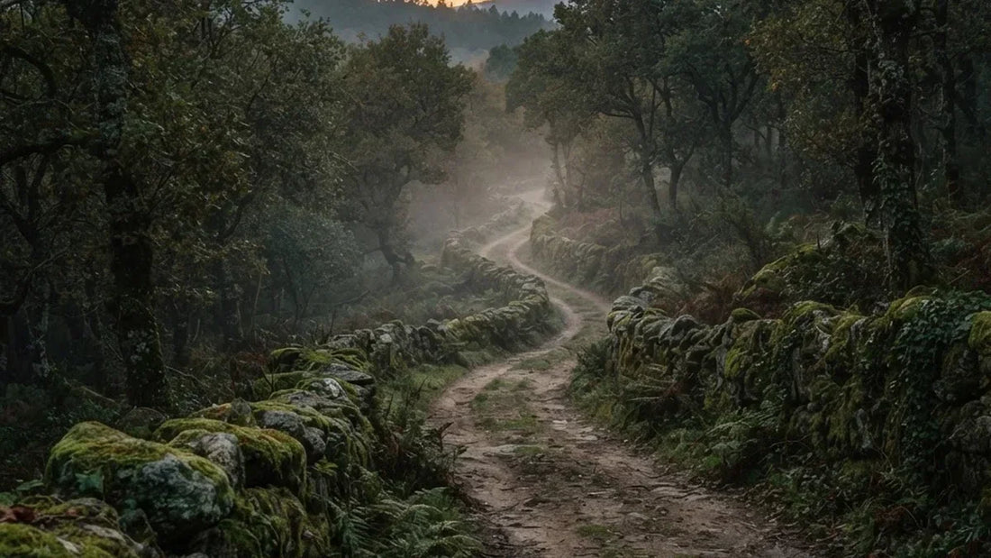 Camino rural gallego entre niebla al anochecer, escenario de la leyenda de la Santa Compaña - Anna Piedra