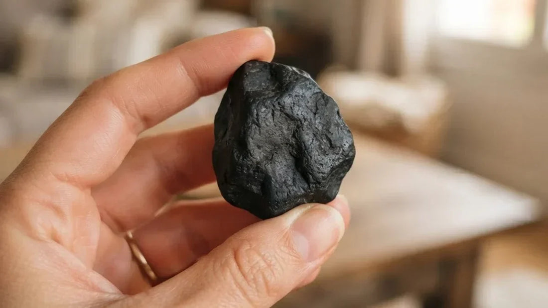 Piedra shungita negra mate sostenida en la mano con luz natural, propiedades de la shungita - Anna Piedra