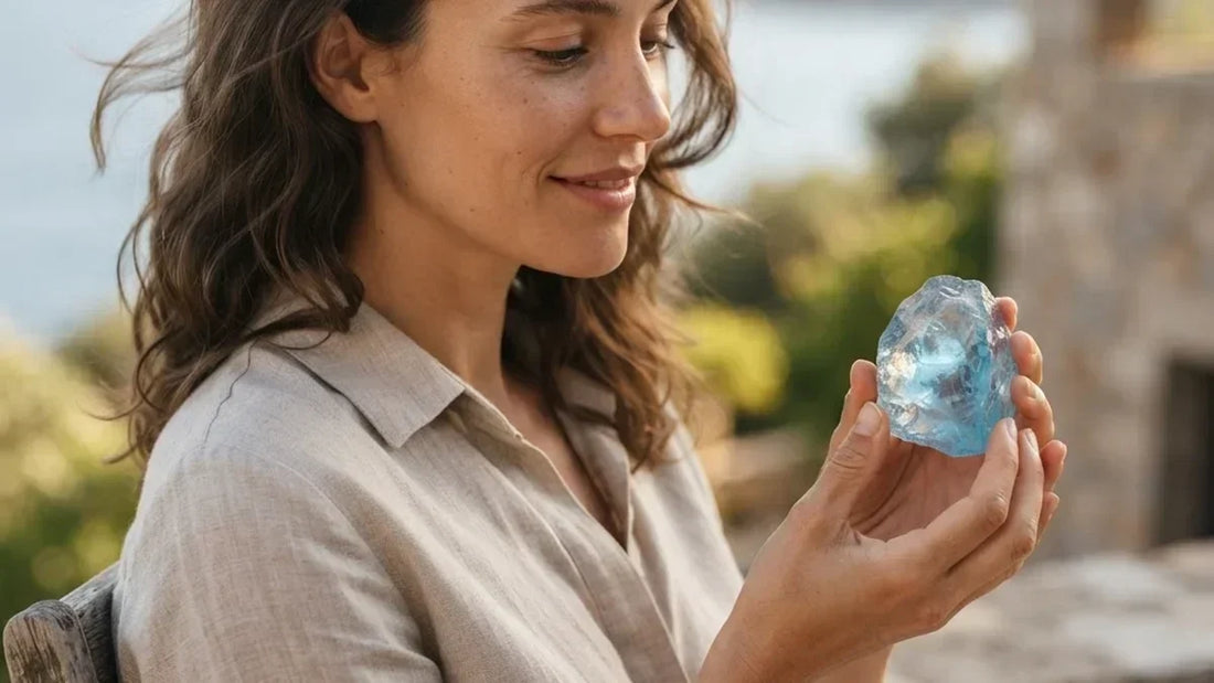 Mujer sosteniendo piedra de topacio azul en bruto entre manos con luz natural mediterránea, propiedades del topacio - Anna Piedra
